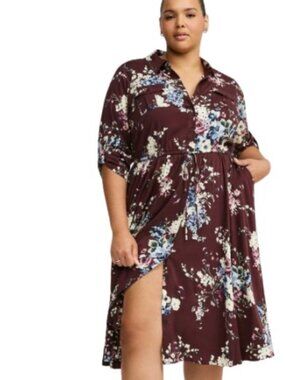 Torrid Womens Midi Challis Shirt Dress Burgundy Combo Floral Pockets Plus 2X New